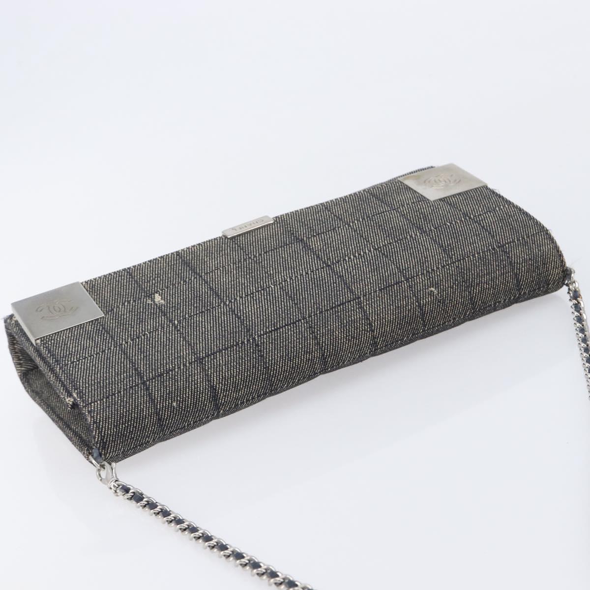 CHANEL Choco Bar Chain Shoulder Bag Canvas Gray Silver CC