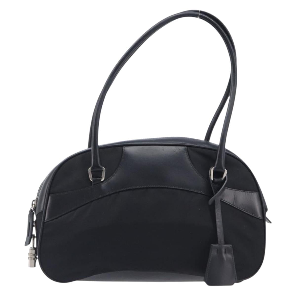 PRADA Hand Bag Nylon Leather Black Silver