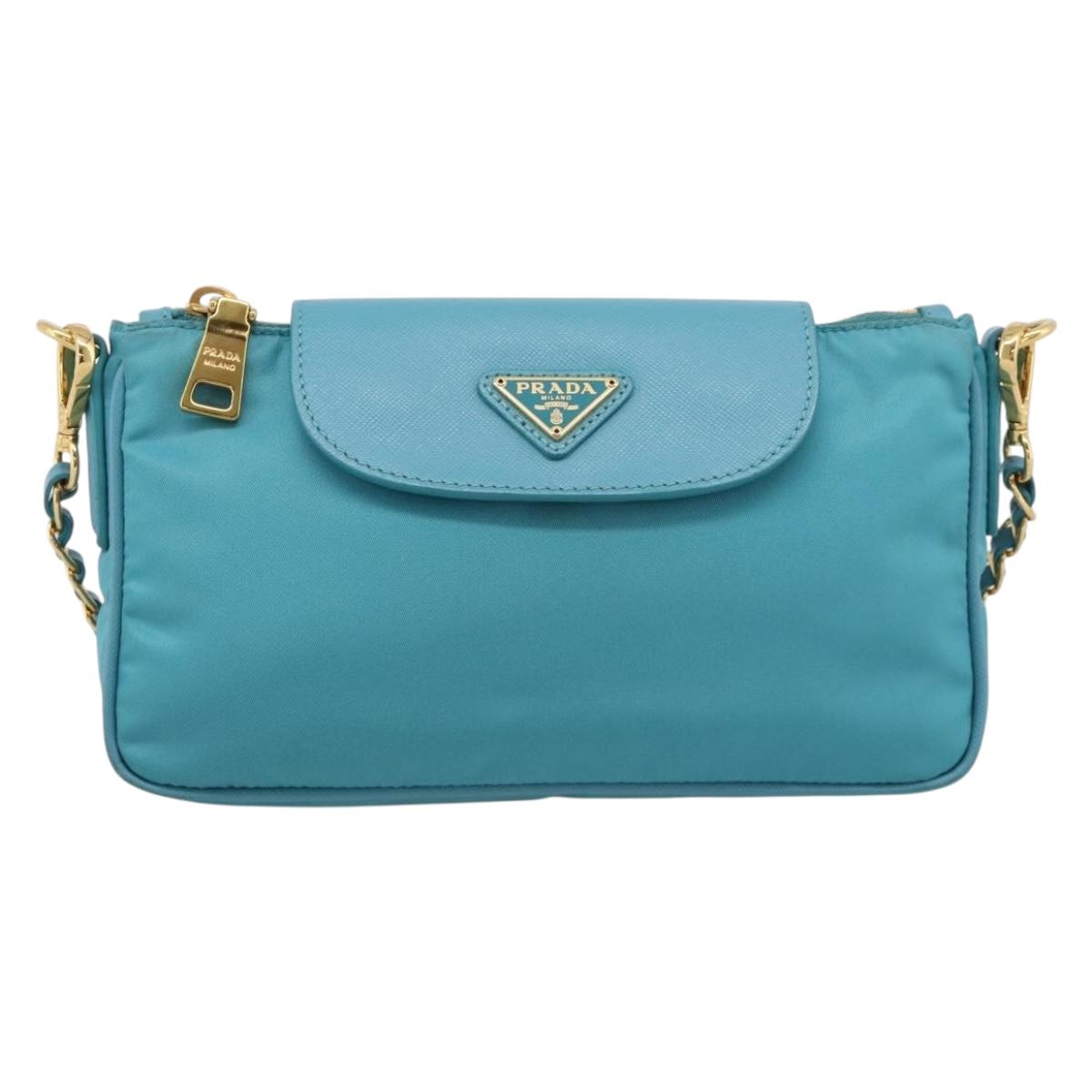 PRADA Chain Shoulder Bag Nylon Blue Gold