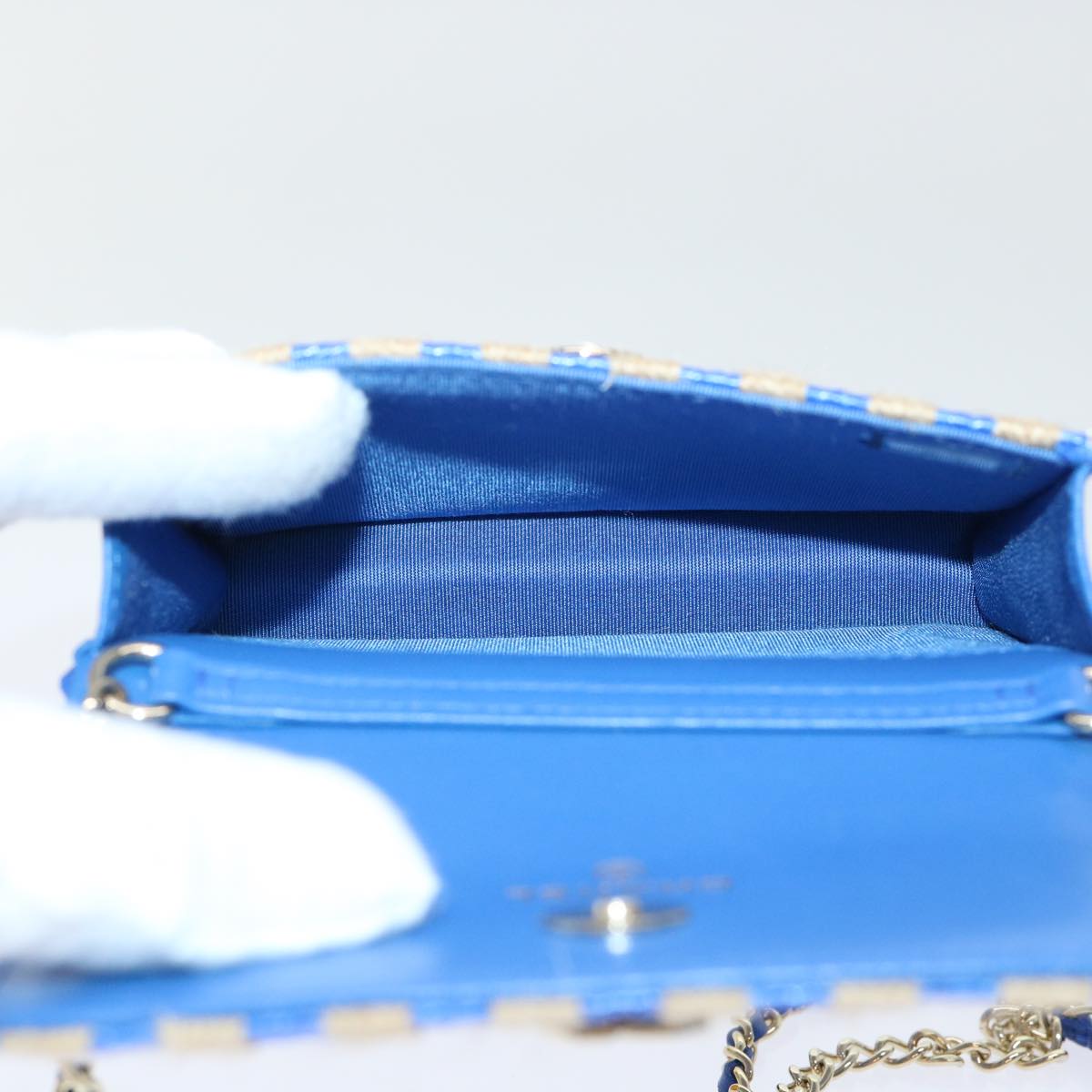 CHANEL Chain Shoulder Bag Raffia Blue Beige CC