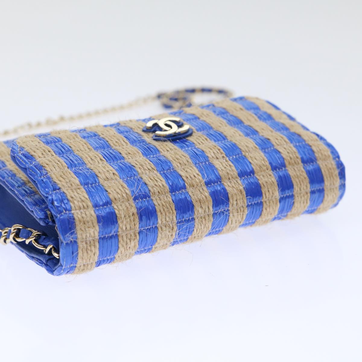 CHANEL Chain Shoulder Bag Raffia Blue Beige CC