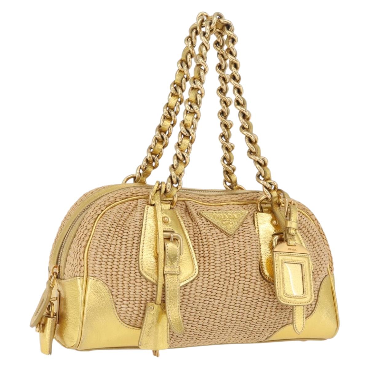 PRADA Chain Hand Bag Raffia Beige Gold Tone BL0352