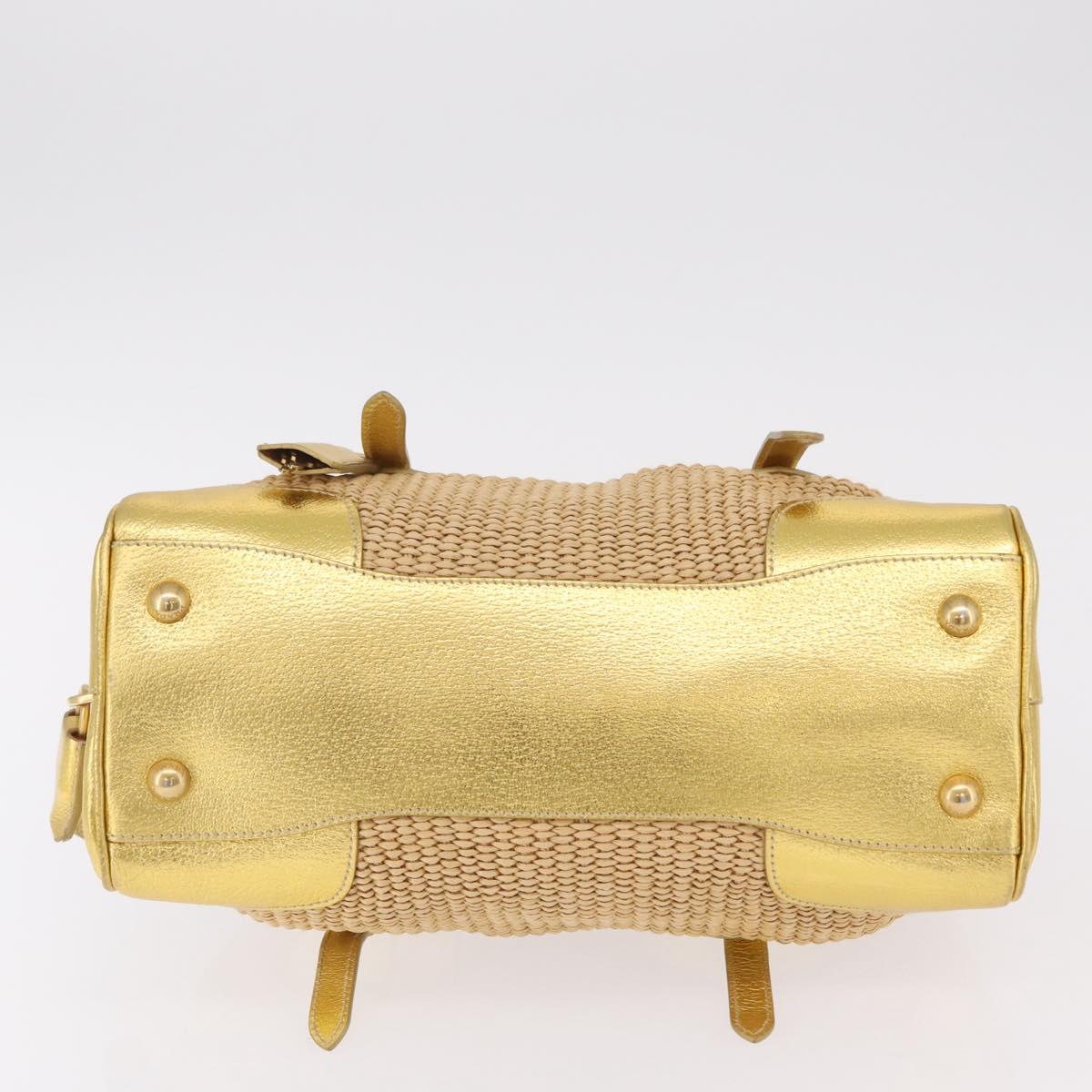 PRADA Chain Hand Bag Raffia Beige Gold Tone BL0352
