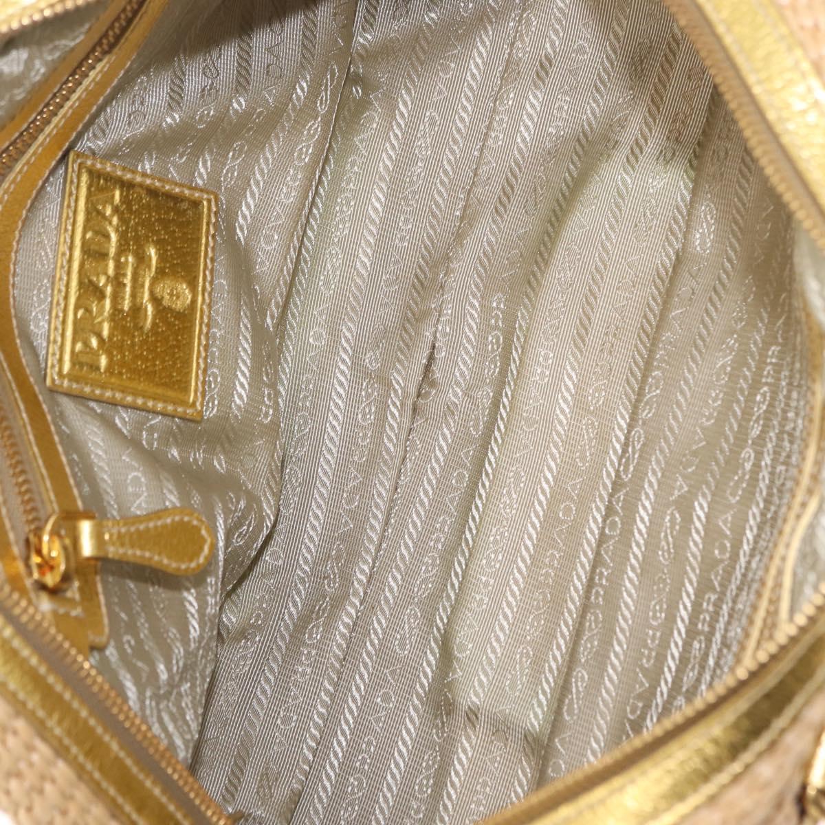 PRADA Chain Hand Bag Raffia Beige Gold Tone BL0352