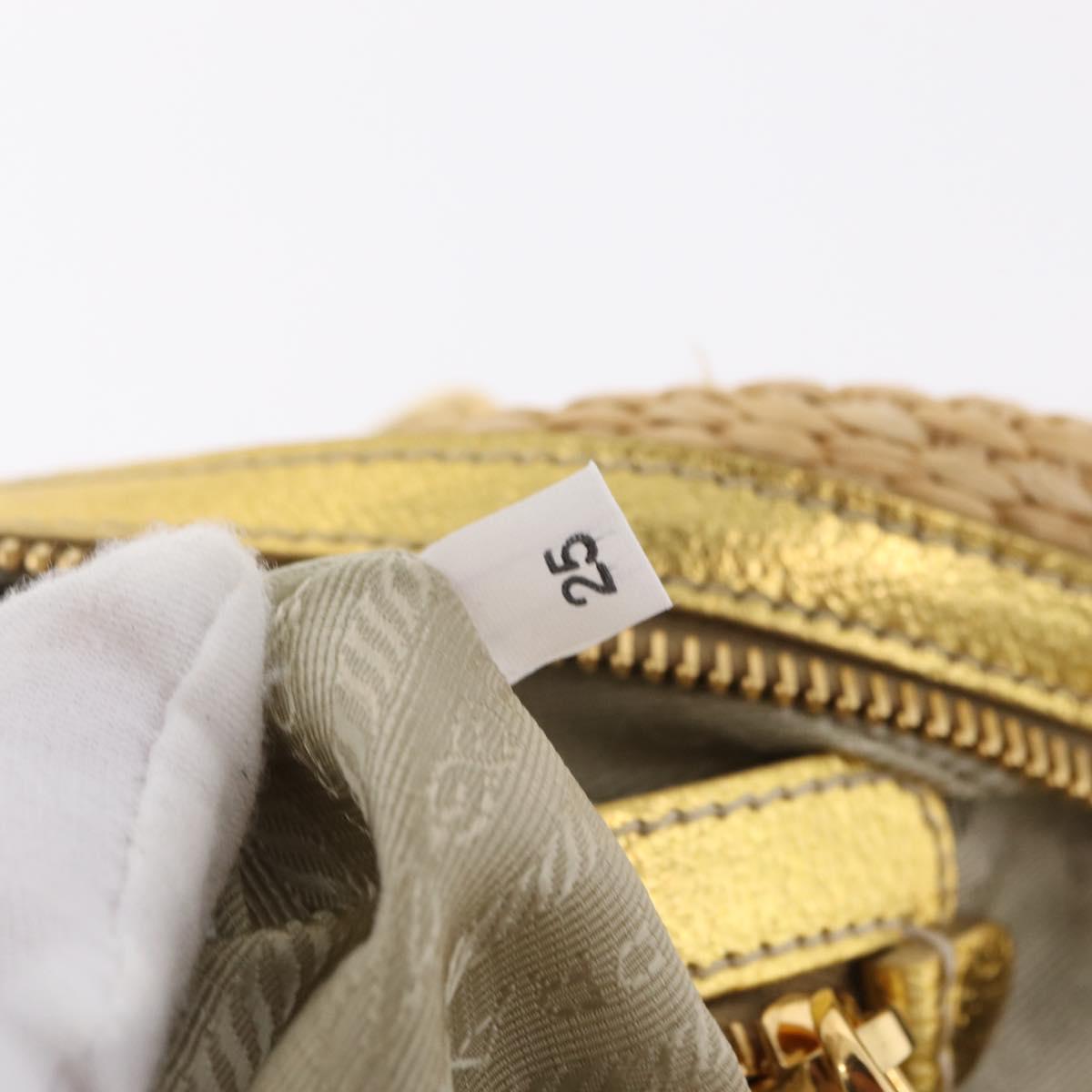 PRADA Chain Hand Bag Raffia Beige Gold Tone BL0352