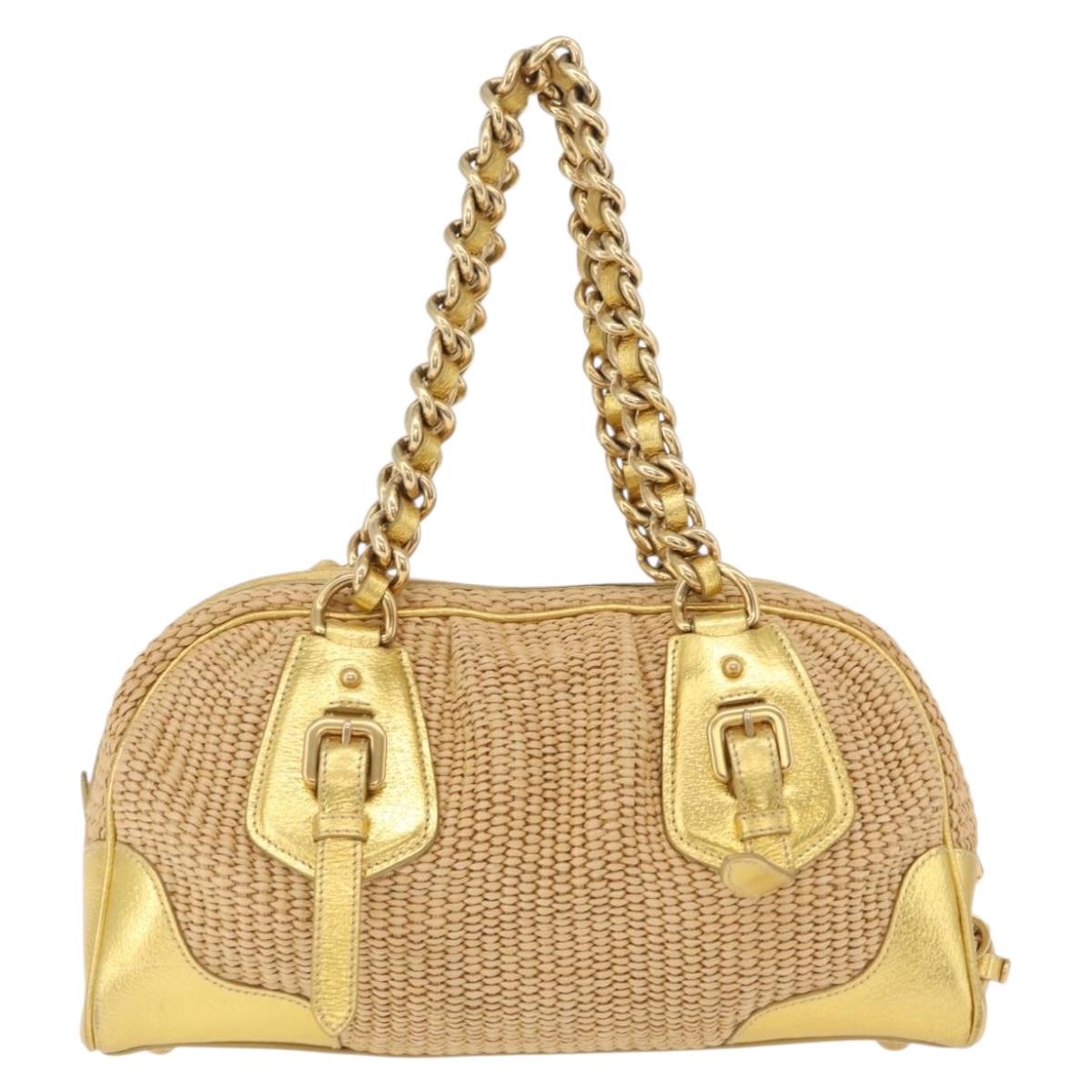 PRADA Chain Hand Bag Raffia Beige Gold Tone BL0352