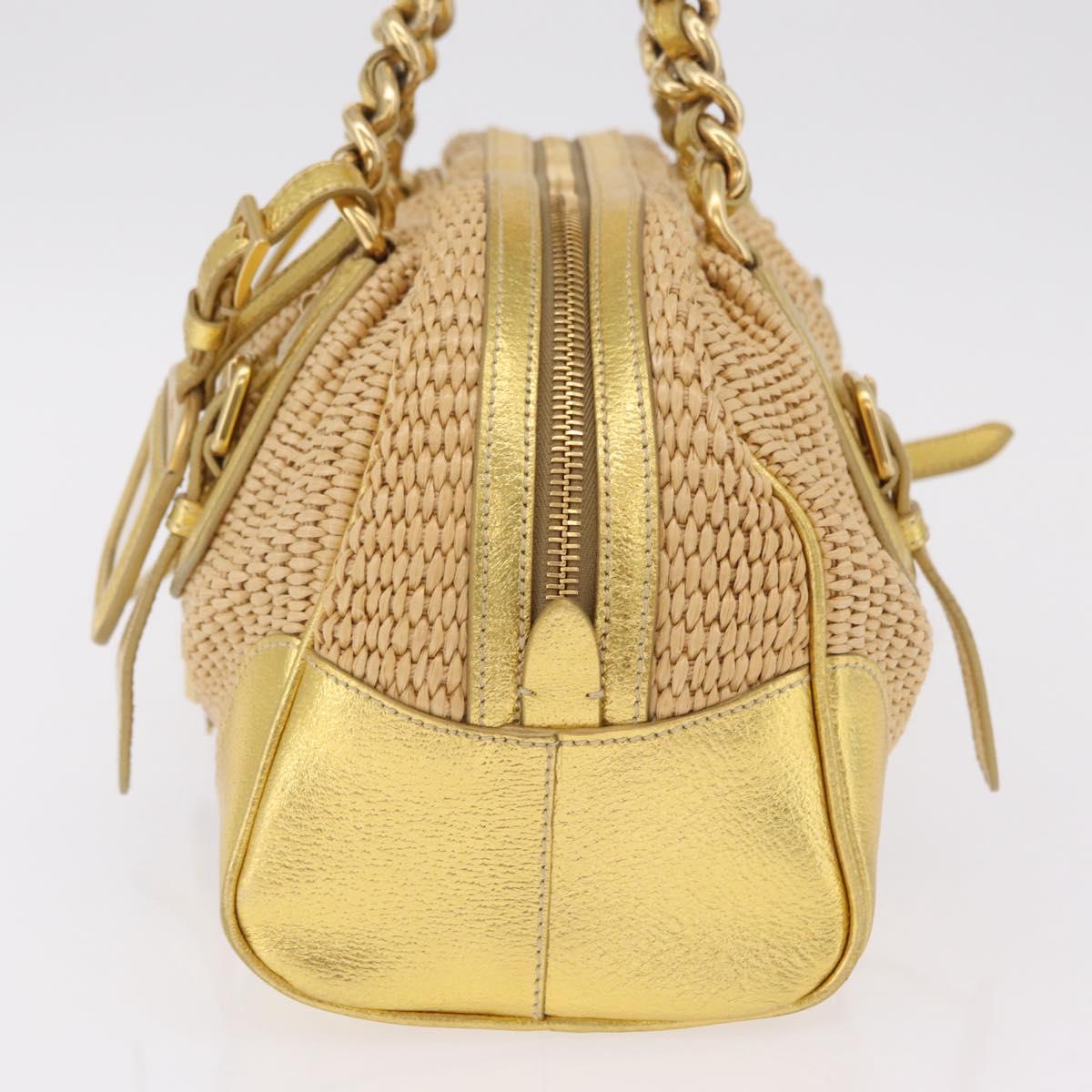 PRADA Chain Hand Bag Raffia Beige Gold Tone BL0352