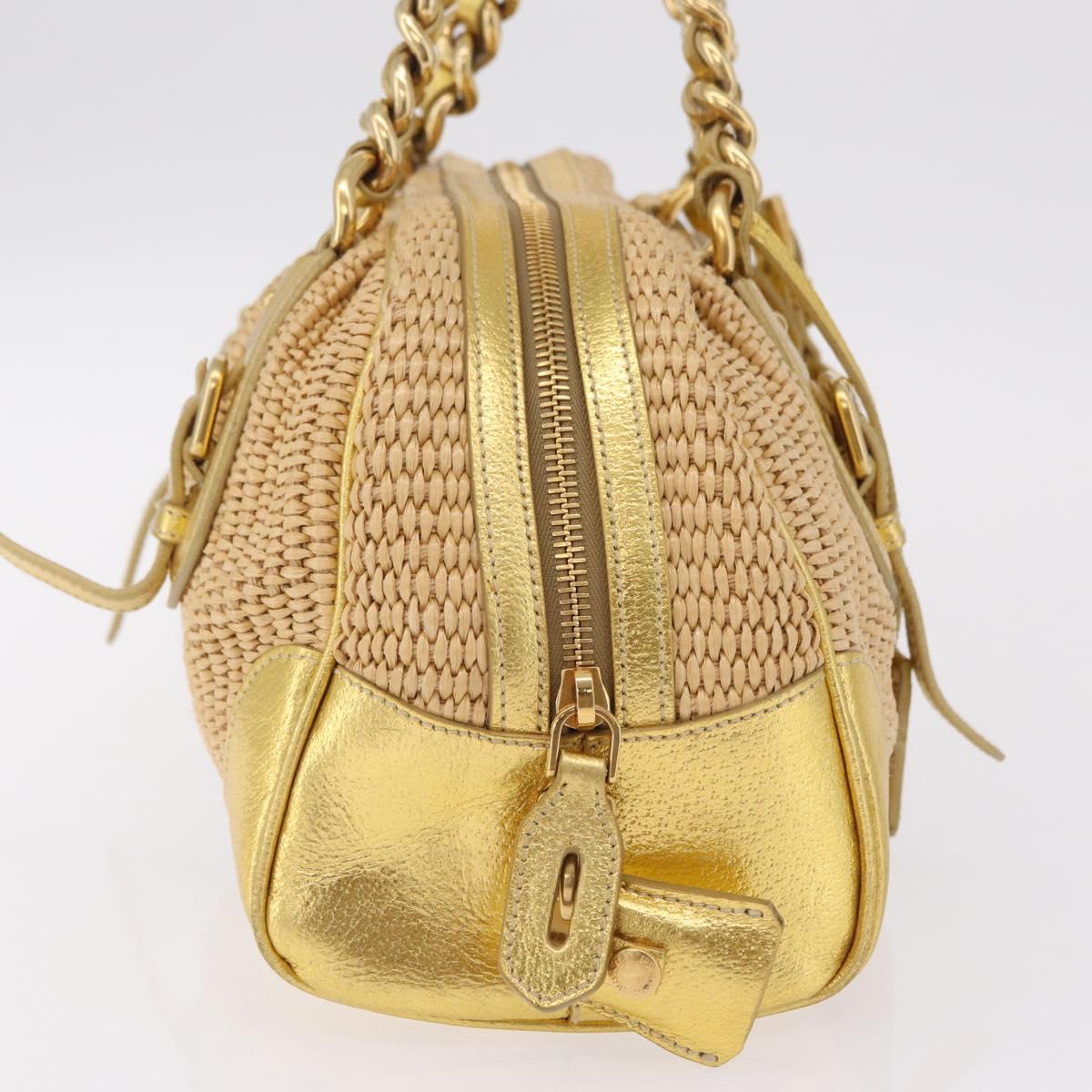PRADA Chain Hand Bag Raffia Beige Gold Tone BL0352