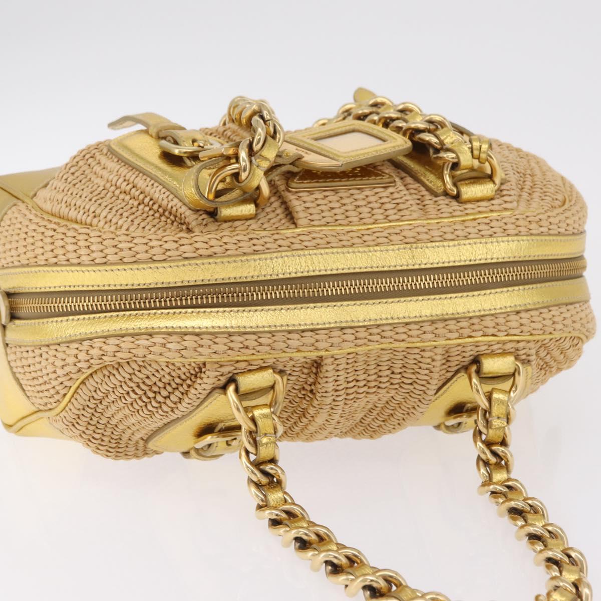 PRADA Chain Hand Bag Raffia Beige Gold Tone BL0352