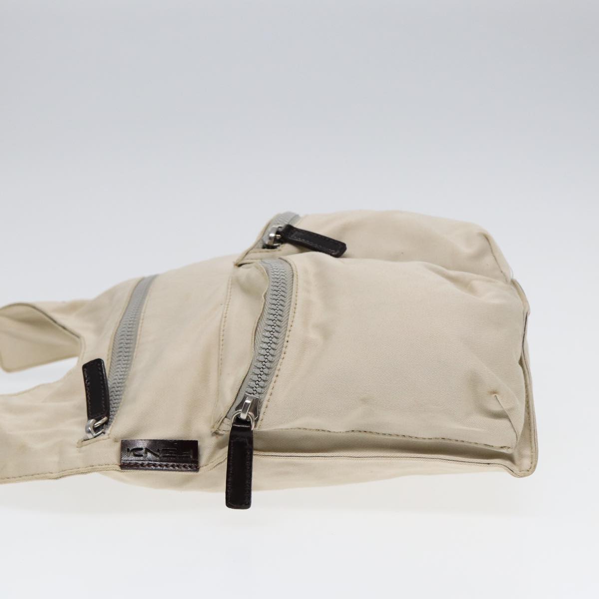 FENDI Shoulder Bag Canvas Leather Beige Brown Silver