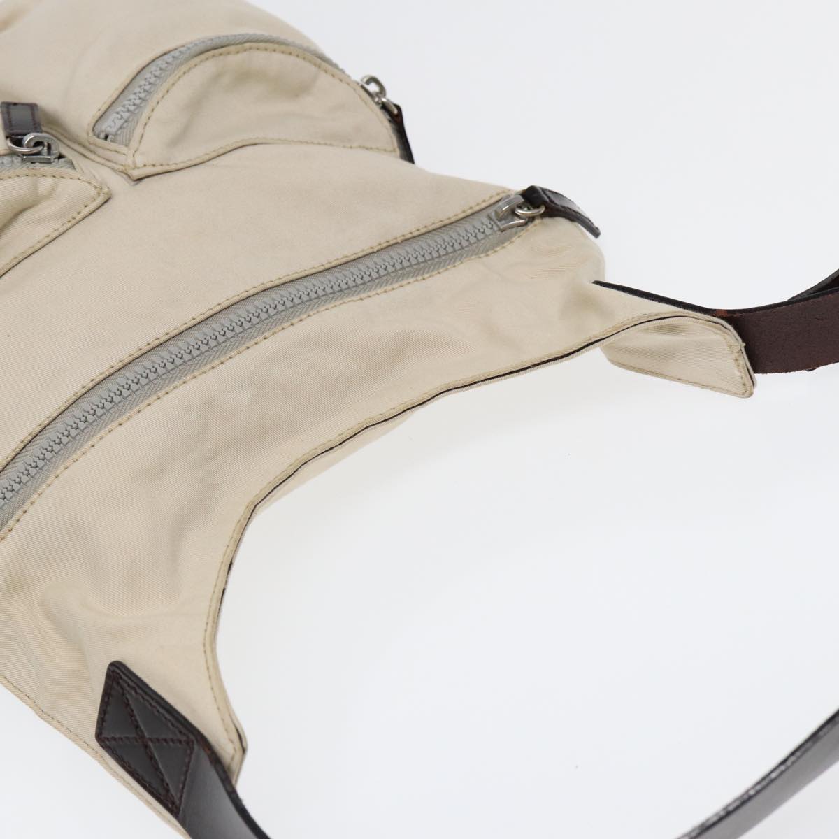 FENDI Shoulder Bag Canvas Leather Beige Brown Silver