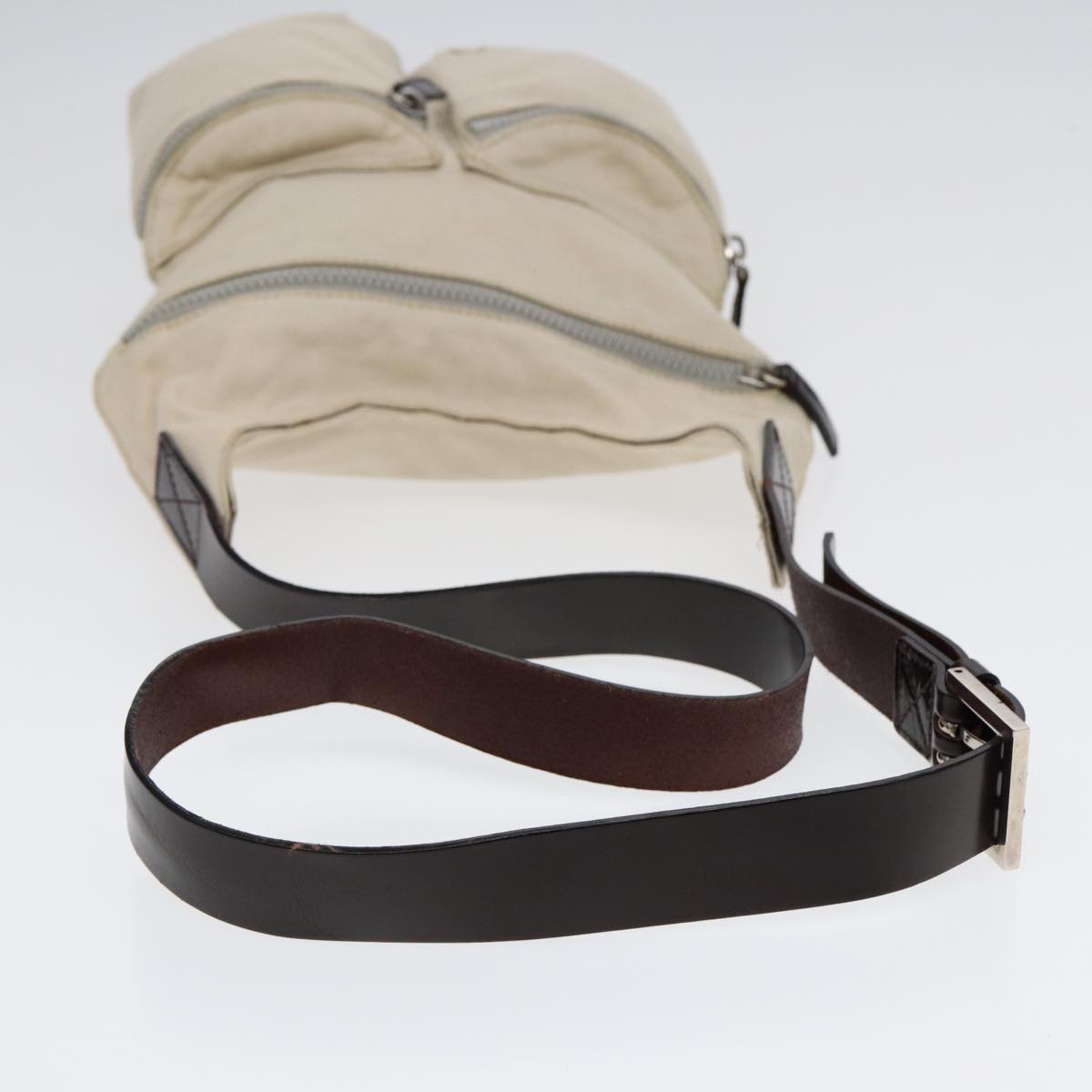 FENDI Shoulder Bag Canvas Leather Beige Brown Silver