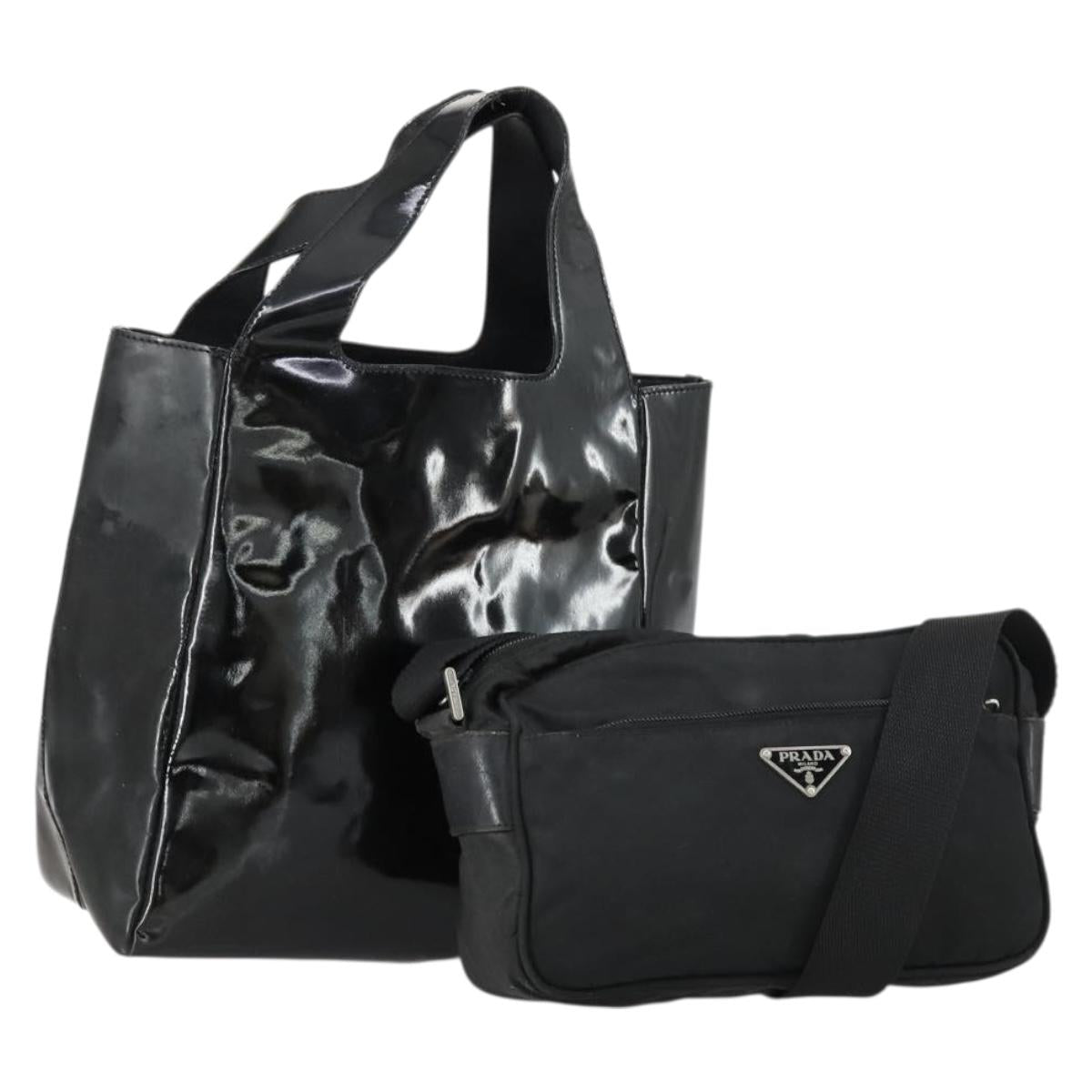 PRADA Shoulder Bag Nylon Enamel 2 Set Black