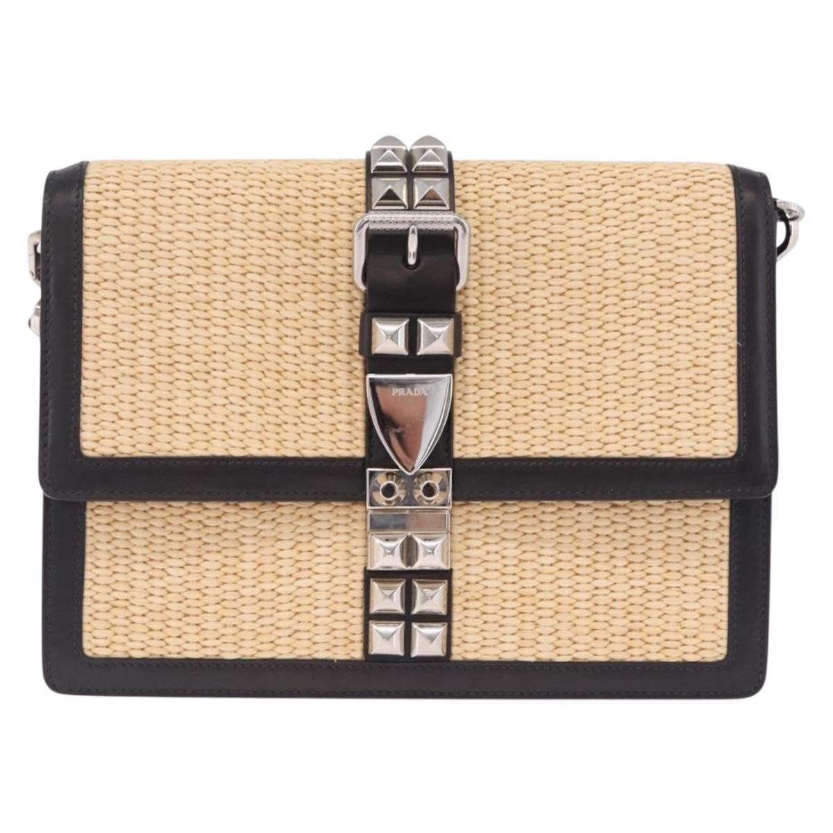 PRADA Studs Electra Shoulder Bag Raffia 2way Beige Silver