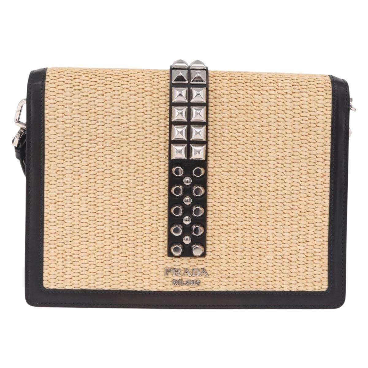 PRADA Studs Electra Shoulder Bag Raffia 2way Beige Silver