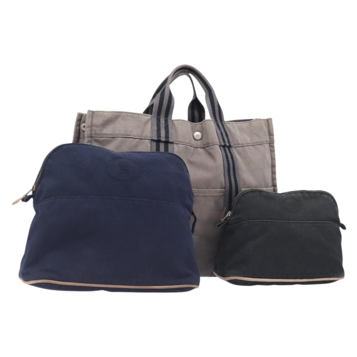 HERMES Pouch Hand Bag Canvas 3 Set Black Navy