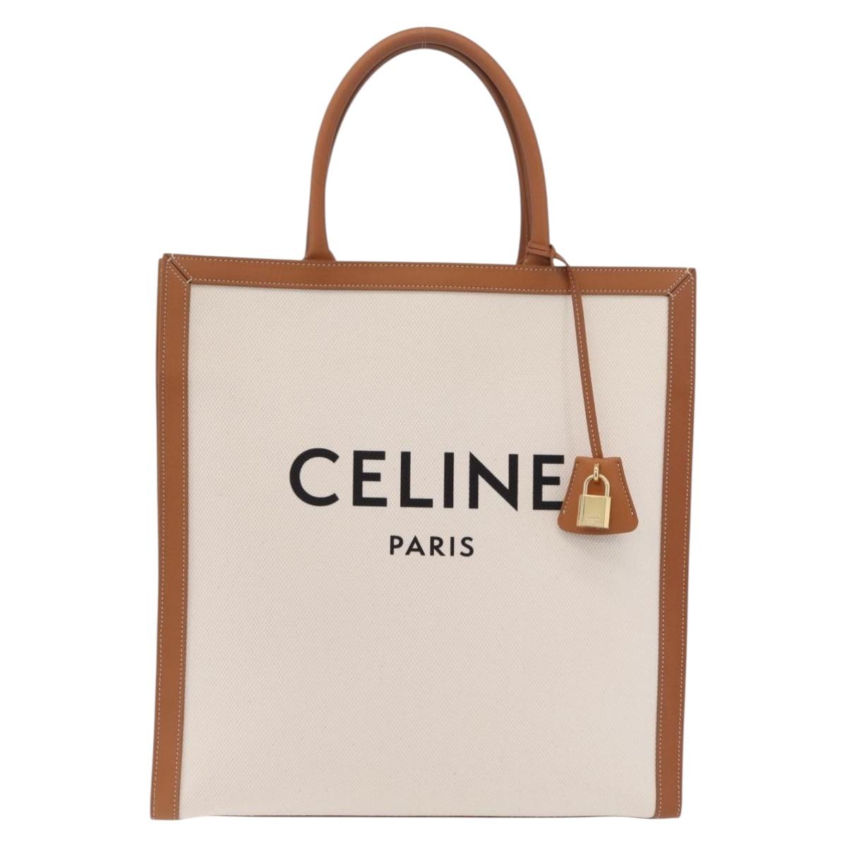 CELINE Vertical Cabas Large Hand Bag Canvas Ivory Gold Tone