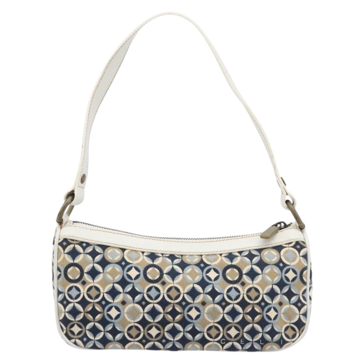 CELINE Hand Bag Canvas Navy Gold Tone