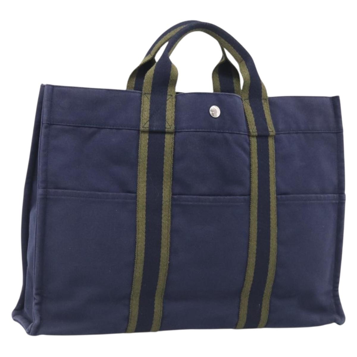 HERMES Fourre Tout MM Hand Bag Canvas Navy Silver