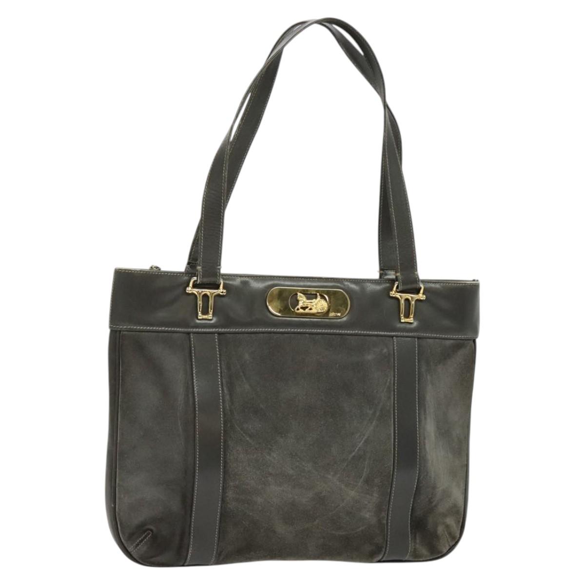 CELINE Hand Bag Suede Leather Gray Gold