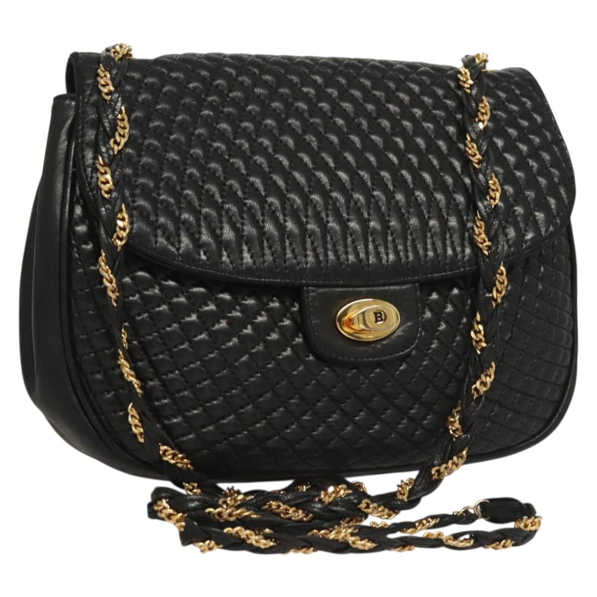 BALLY Quilted Chain Shoulder Bag Leather Black Gold