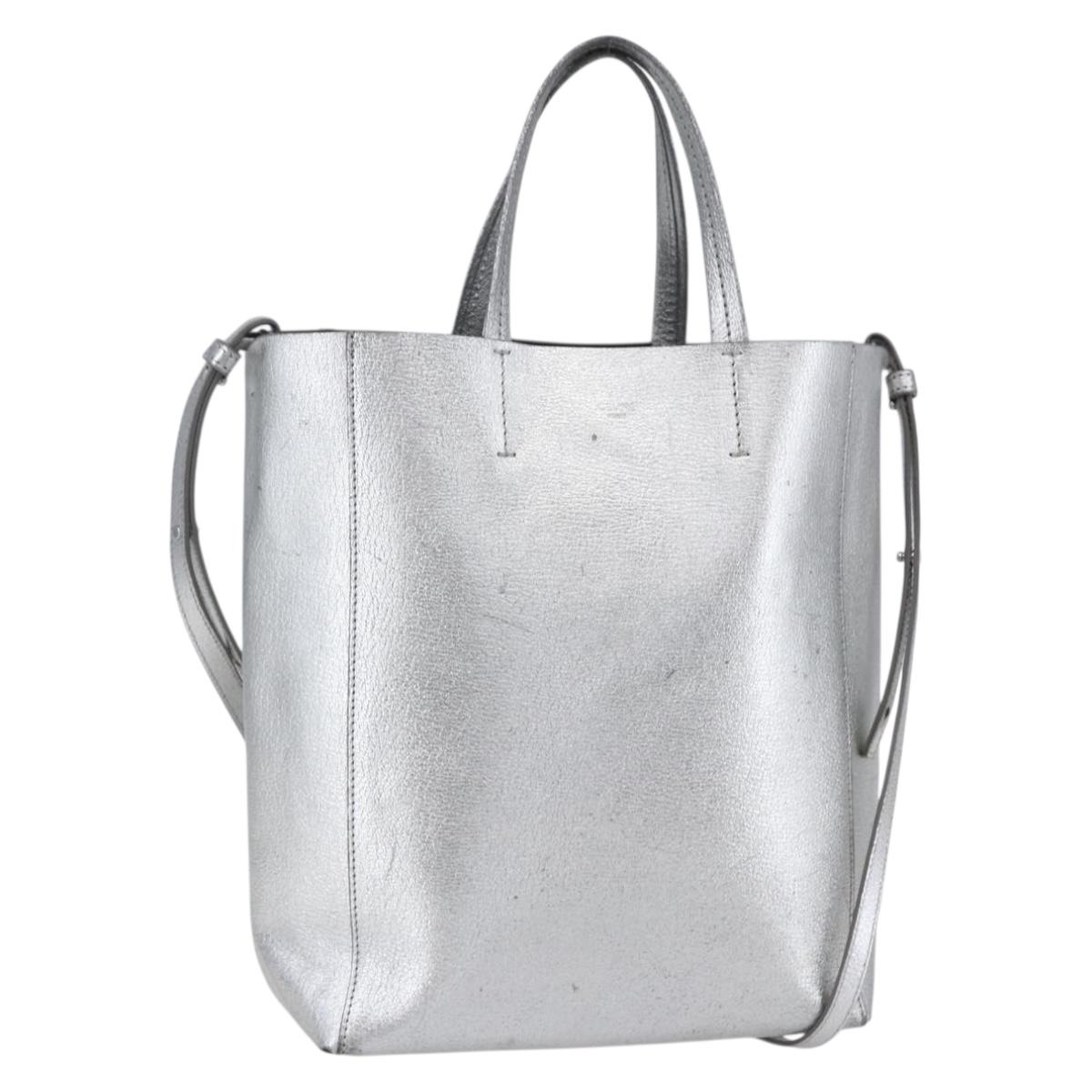 CELINE Hand Bag Leather 2way White Silver