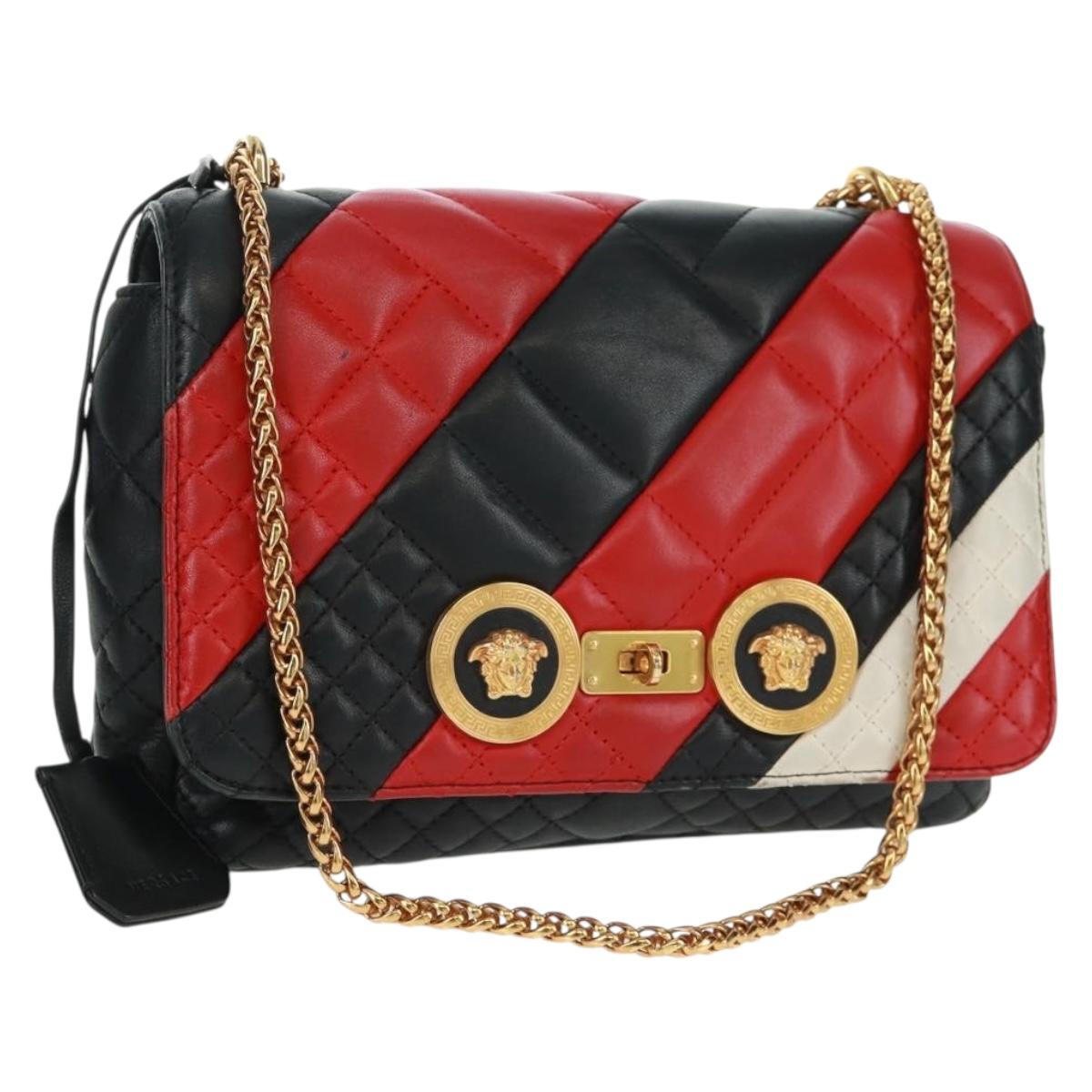 Gianni Versace Chain Shoulder Bag Leather Black Gold