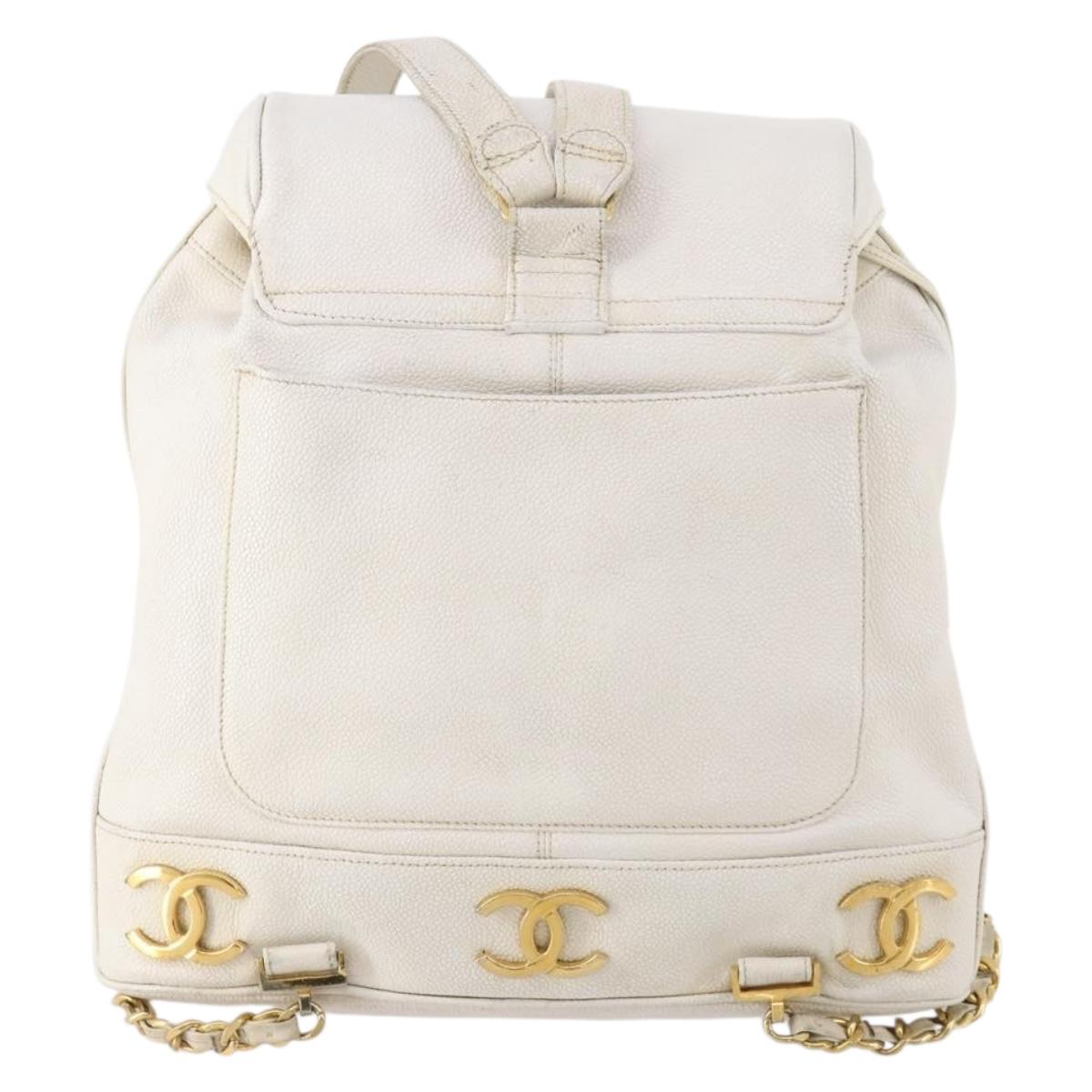 CHANEL Triple Coco Backpack Caviar Skin White Gold CC