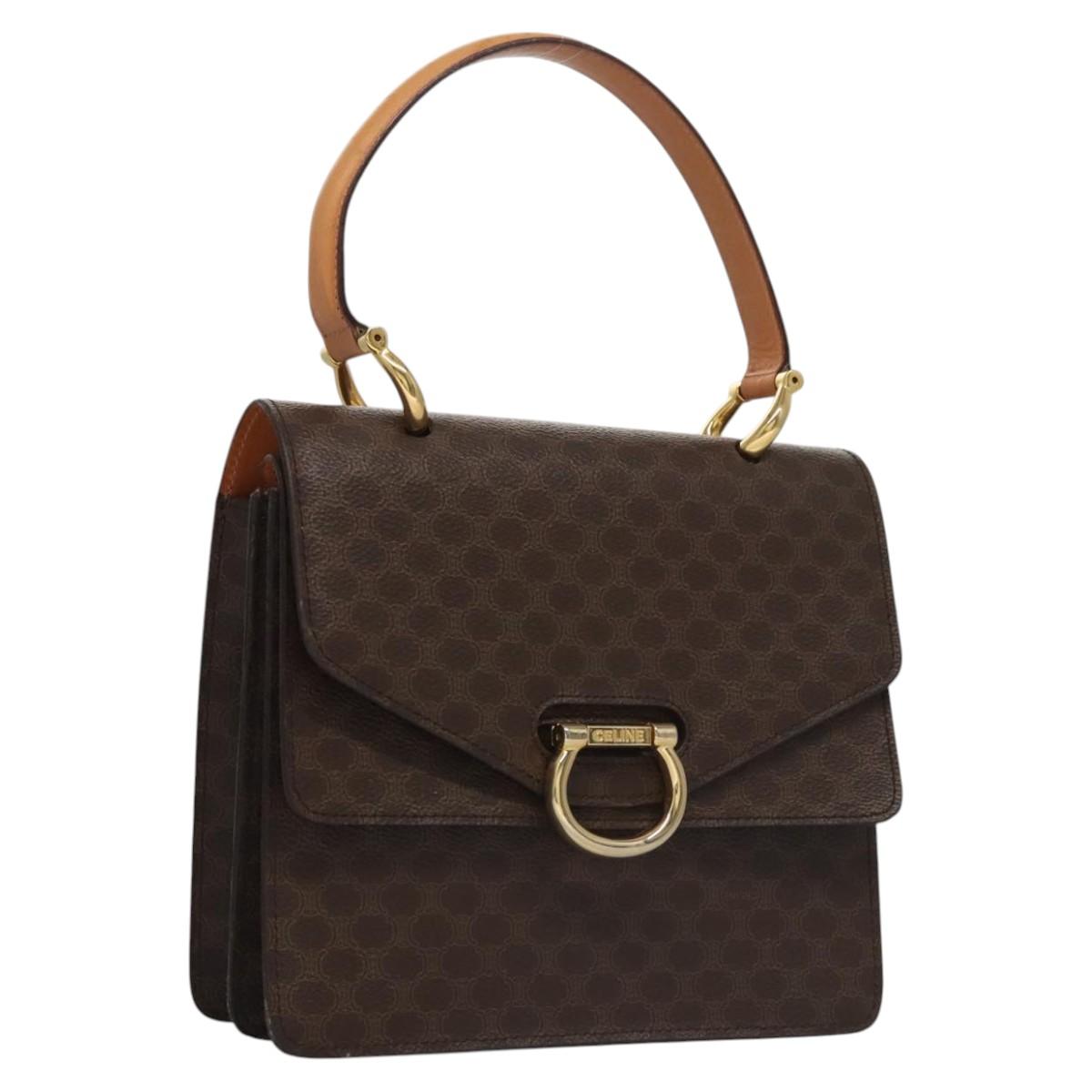 CELINE Macadam Canvas Hand Bag PVC Leather Brown Gold