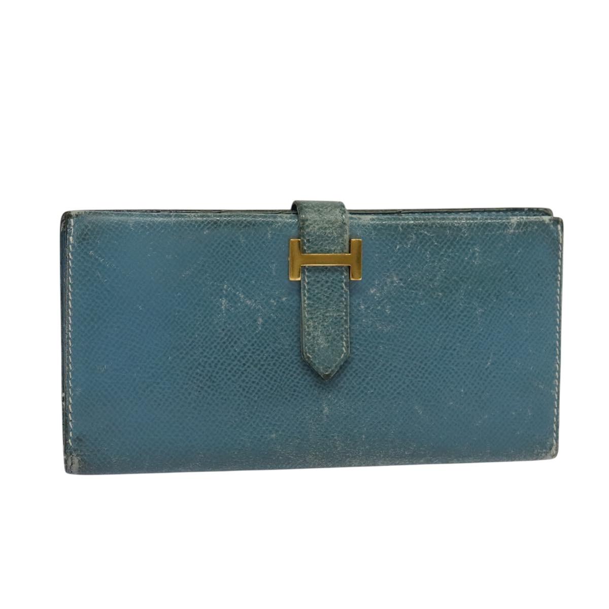HERMES Bean Long Wallet Leather Blue