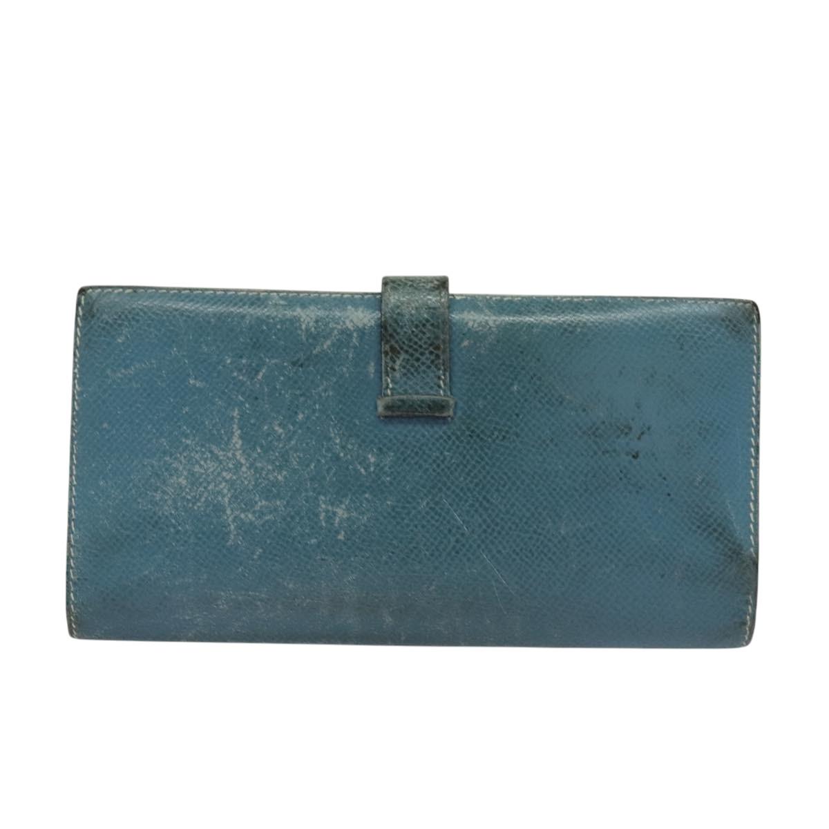 HERMES Bean Long Wallet Leather Blue