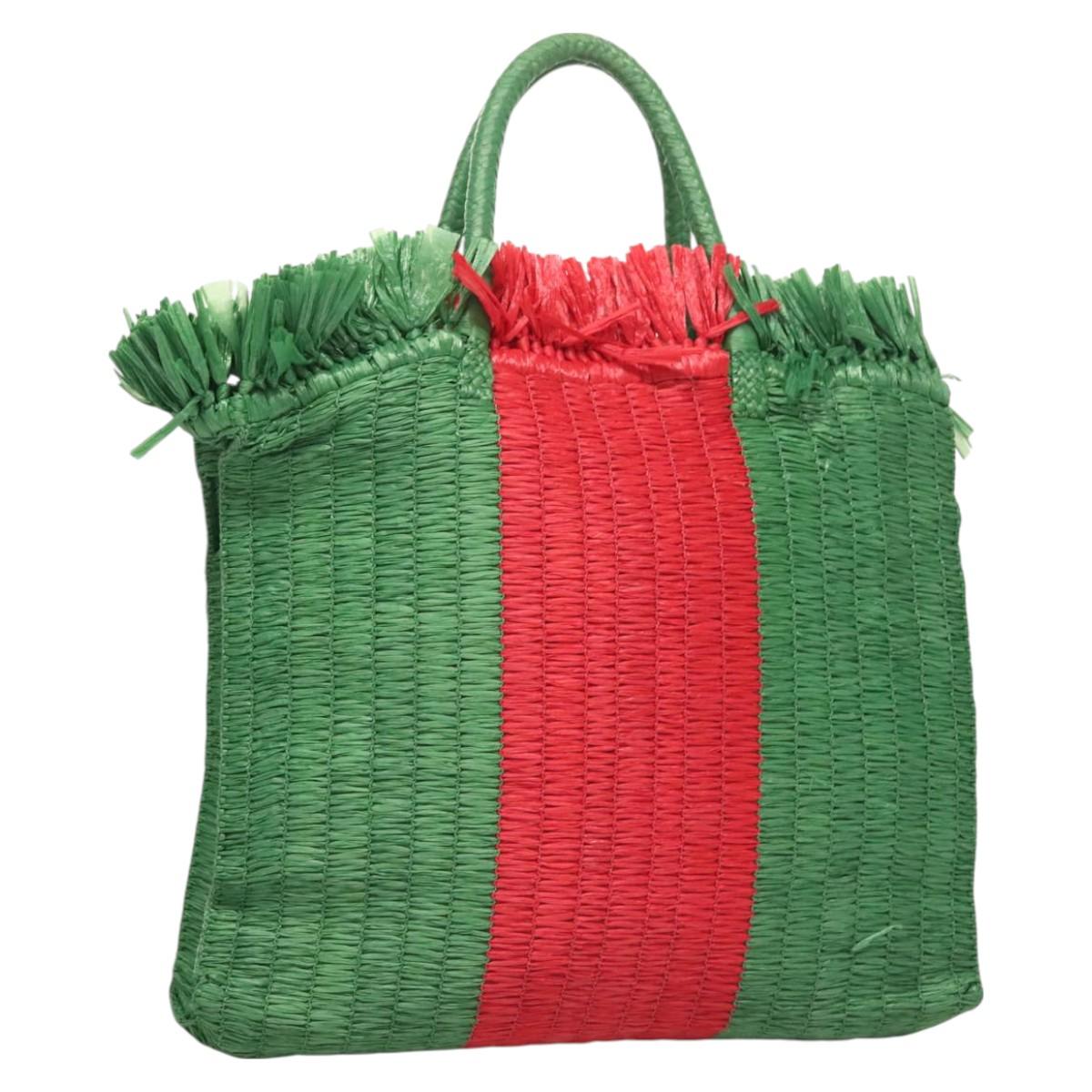 GUCCI Hand Bag Straw Green Red 524810