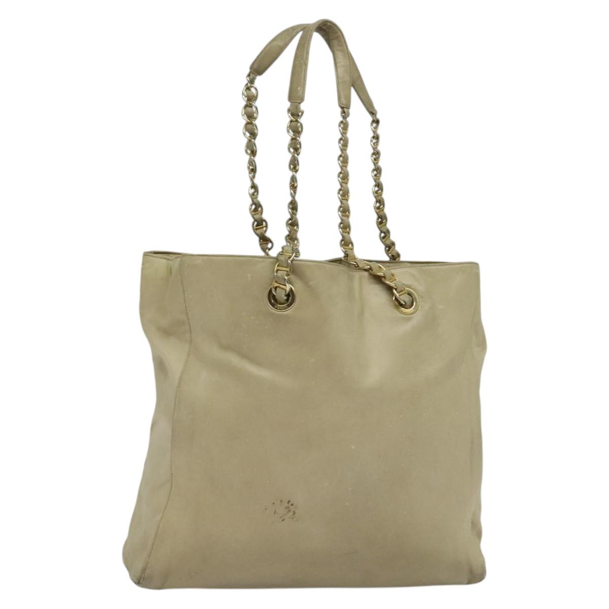 PRADA Chain Tote Bag Leather Beige Gold