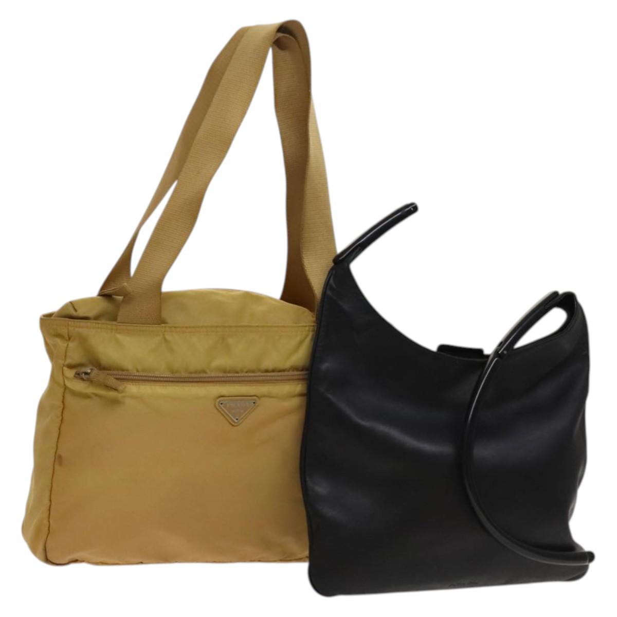 PRADA Hand Bag Leather Nylon 2Set Black Beige Silver