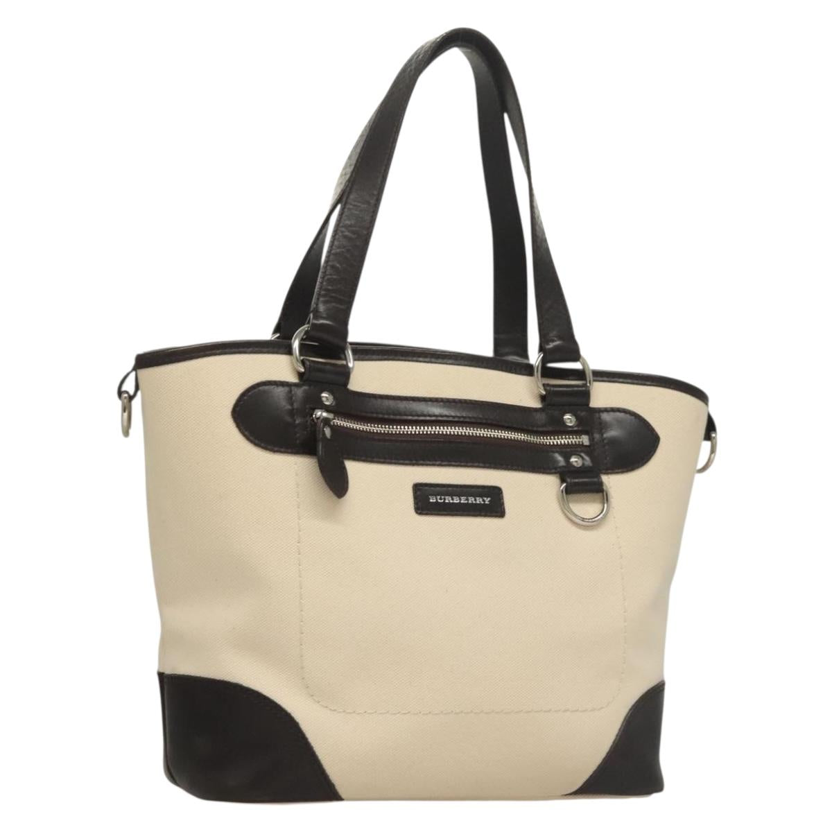 BURBERRY Tote Bag Canvas Leather White Silver
