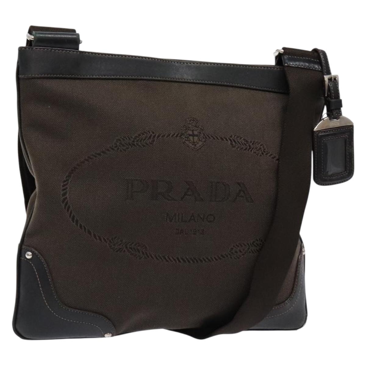 PRADA Shoulder Bag Canvas Leather Brown Silver