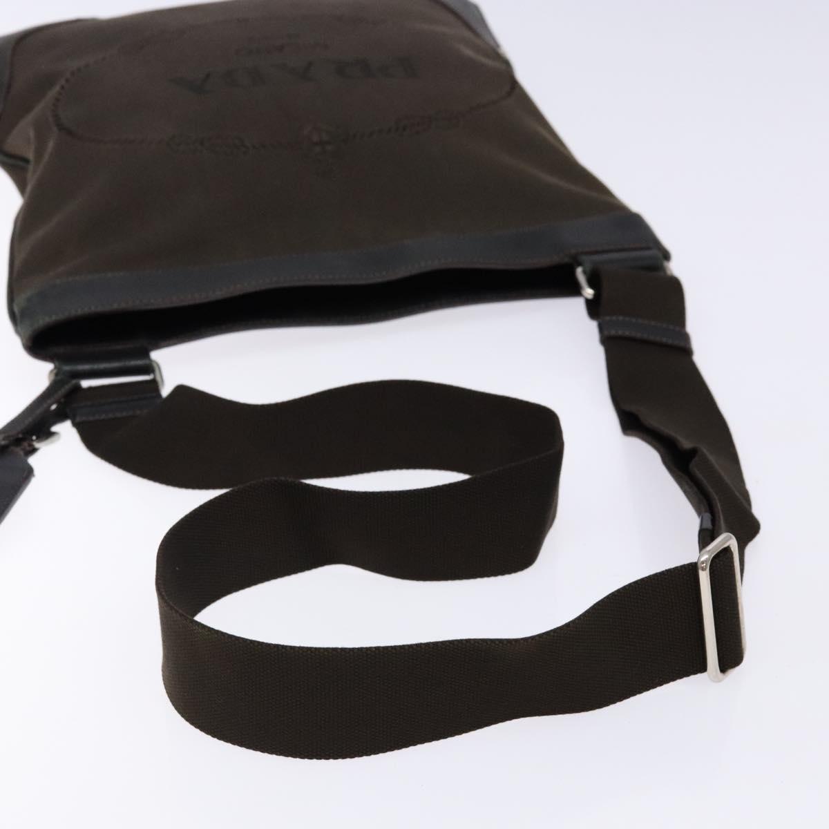 PRADA Shoulder Bag Canvas Leather Brown Silver