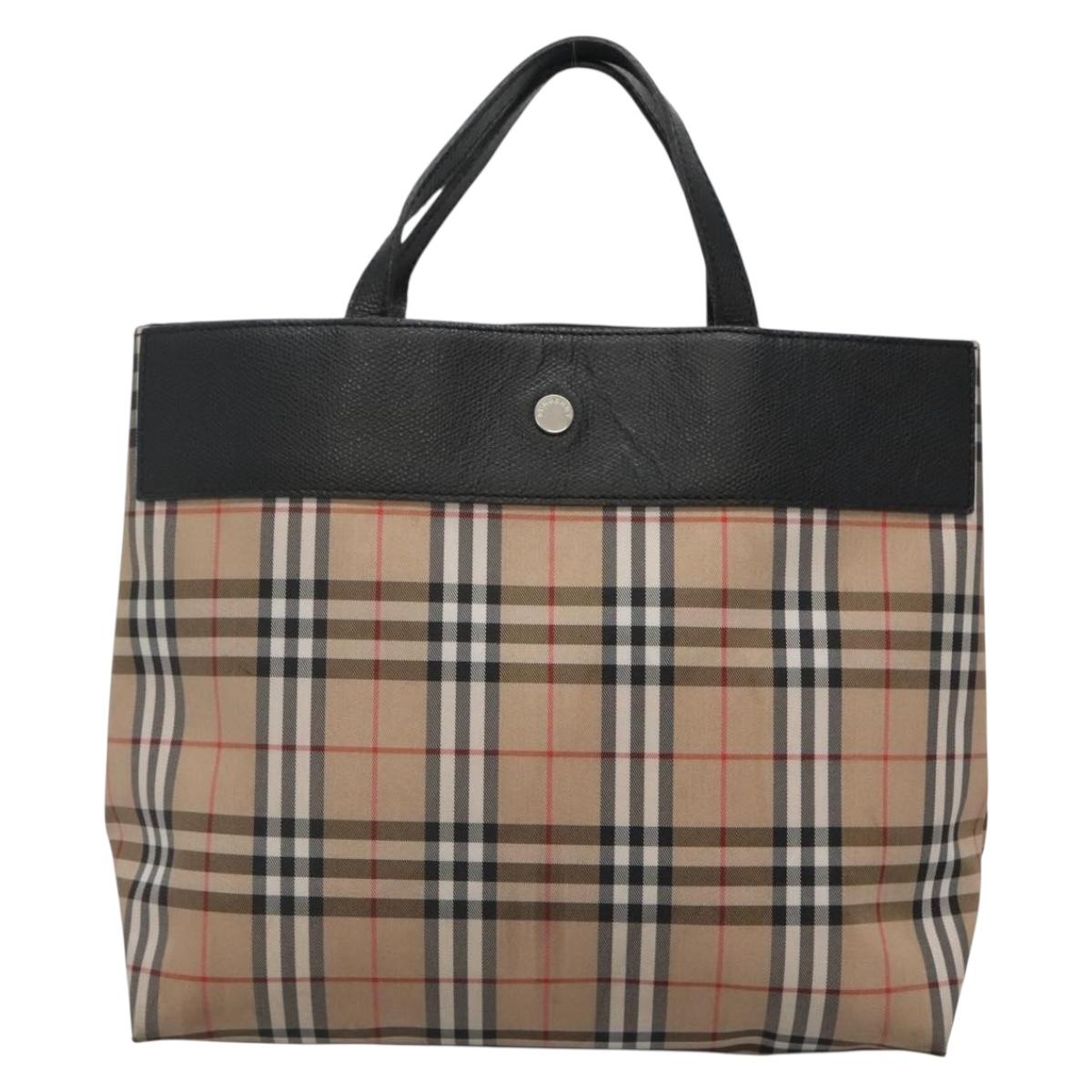 BURBERRY Nova Check Hand Bag Nylon Leather Beige Silver