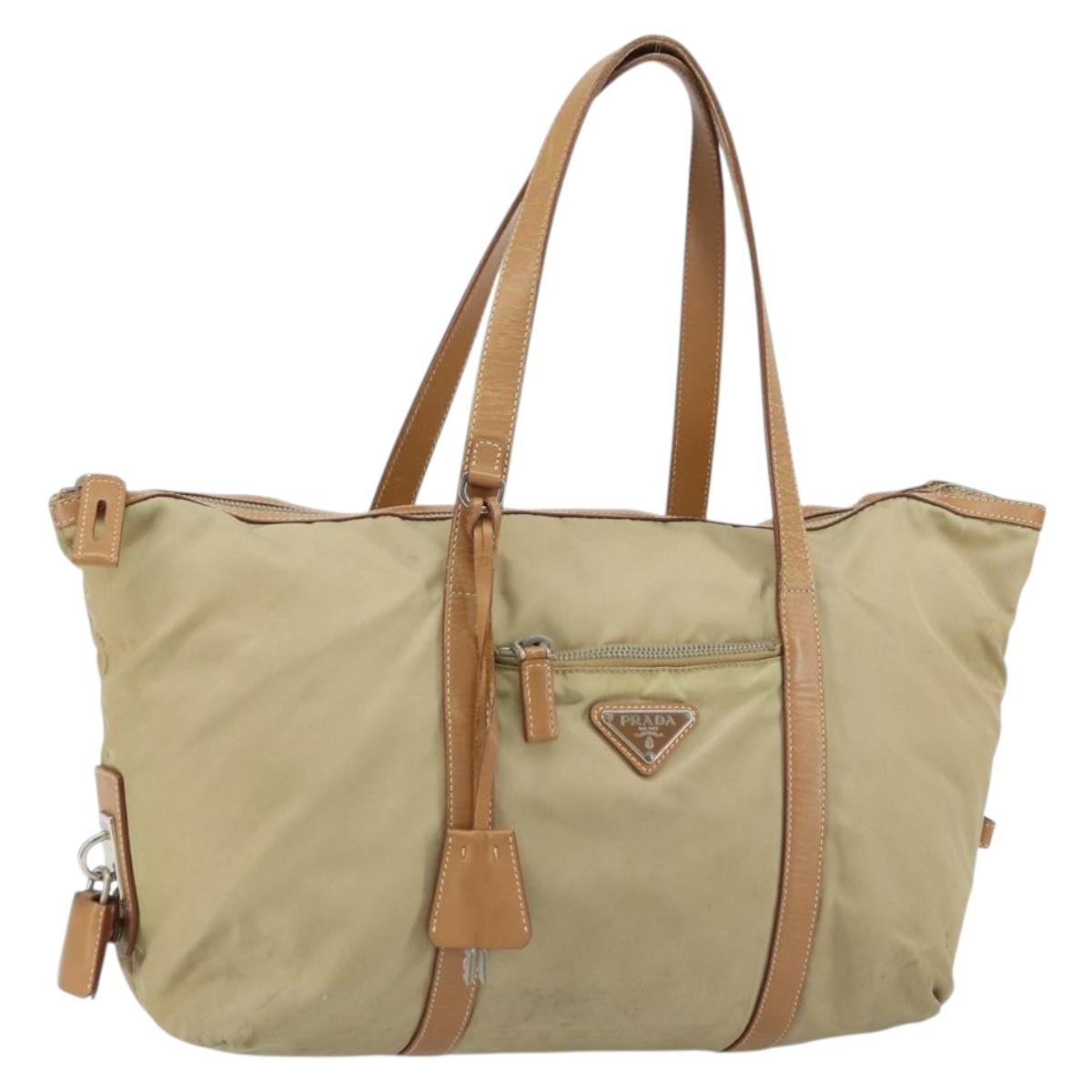 PRADA Tote Bag Nylon Beige Silver