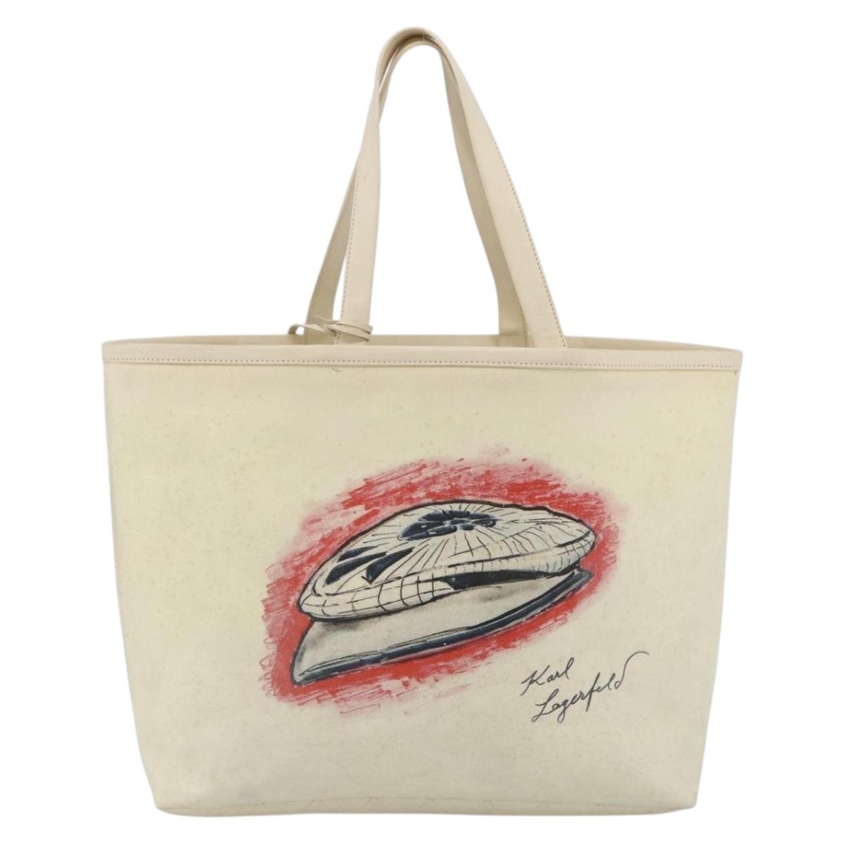 CHANEL Tote Bag Canvas Leather White Silver CC