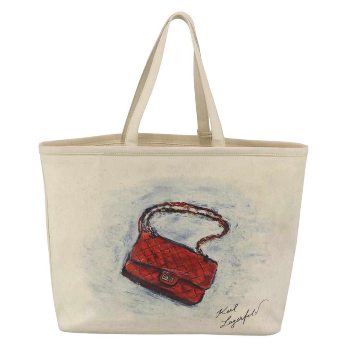 CHANEL Tote Bag Canvas Leather White Silver CC