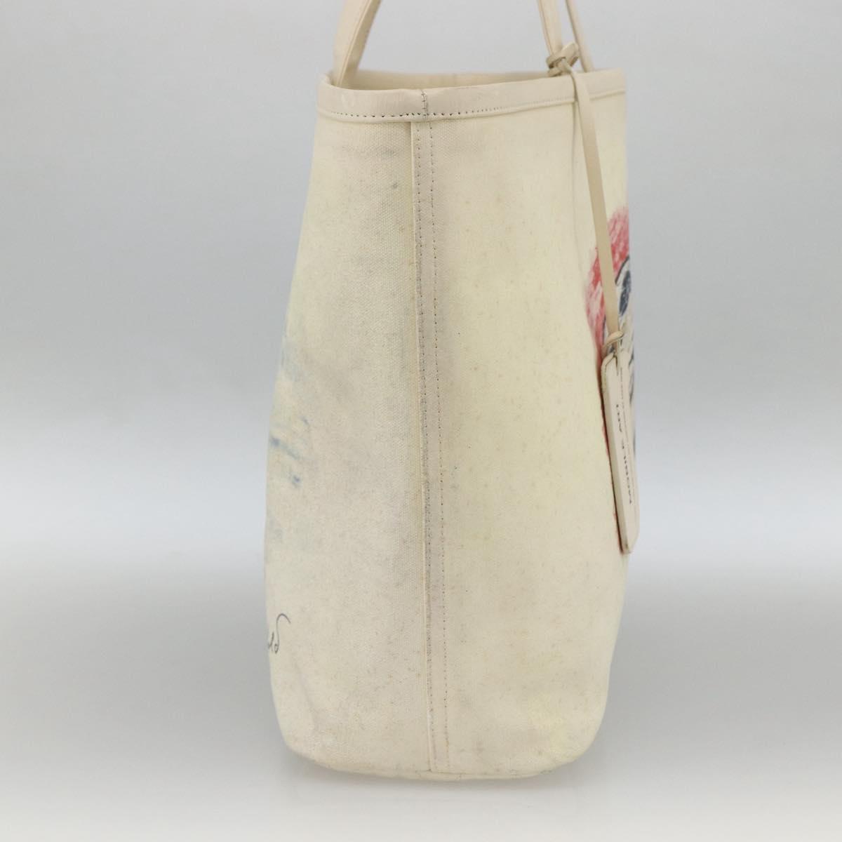 CHANEL Tote Bag Canvas Leather White Silver CC