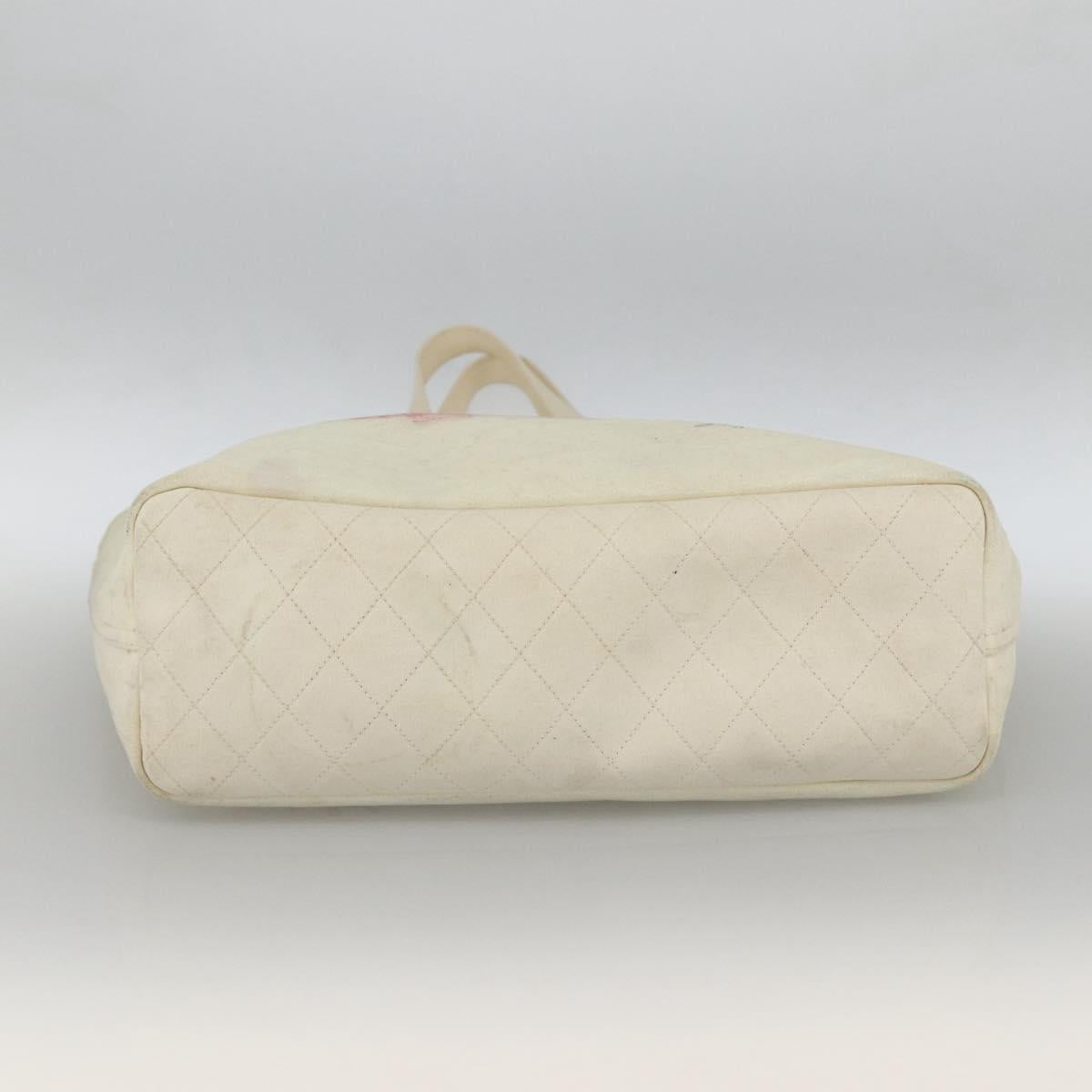 CHANEL Tote Bag Canvas Leather White Silver CC