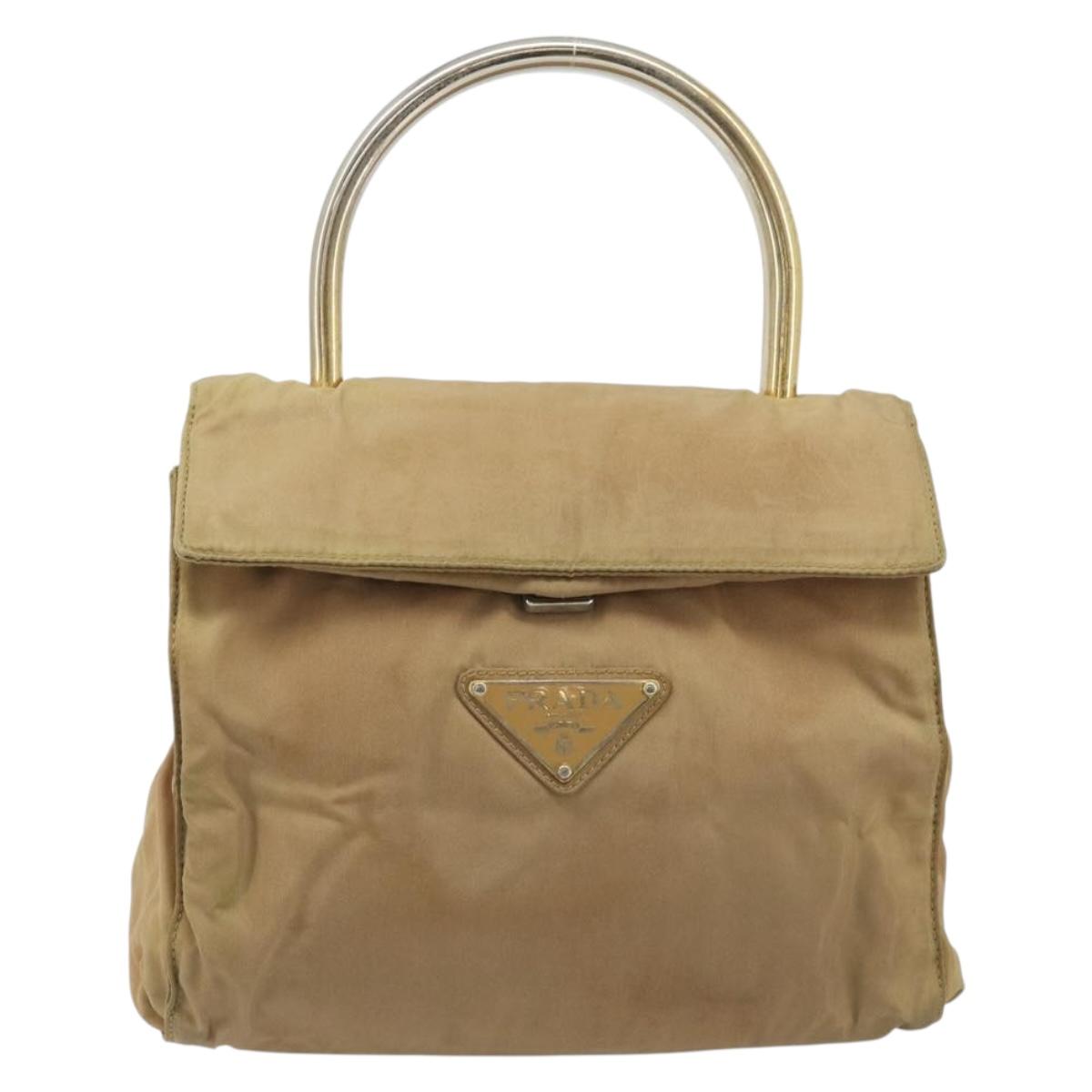 PRADA Hand Bag Nylon Beige Gold