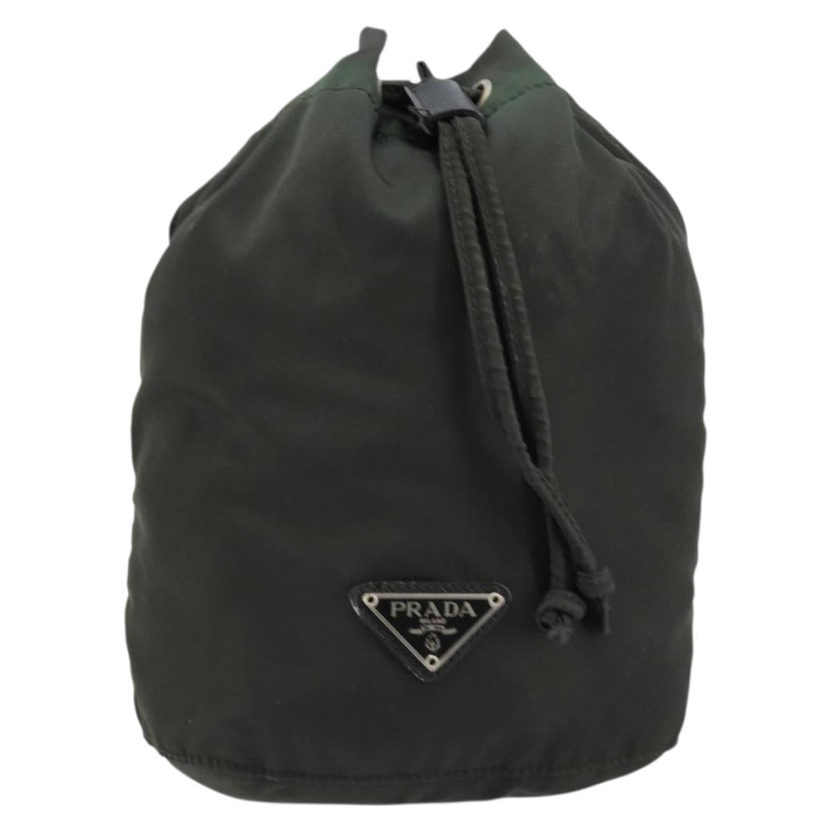 PRADA Drawstring Pouch Nylon Khaki Silver