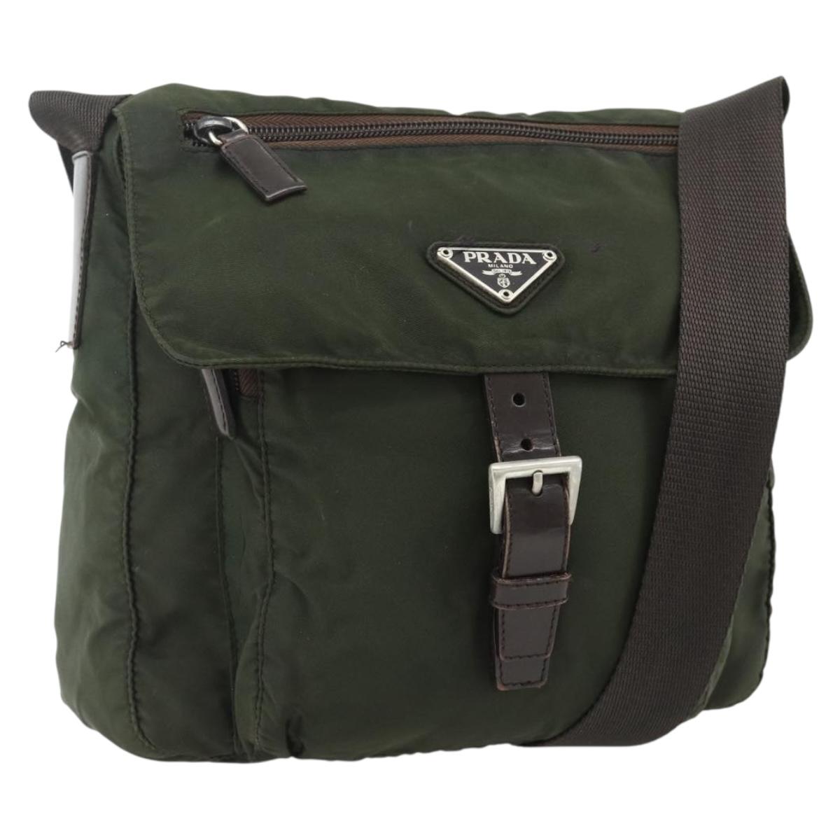 PRADA Shoulder Bag Nylon Khaki Silver