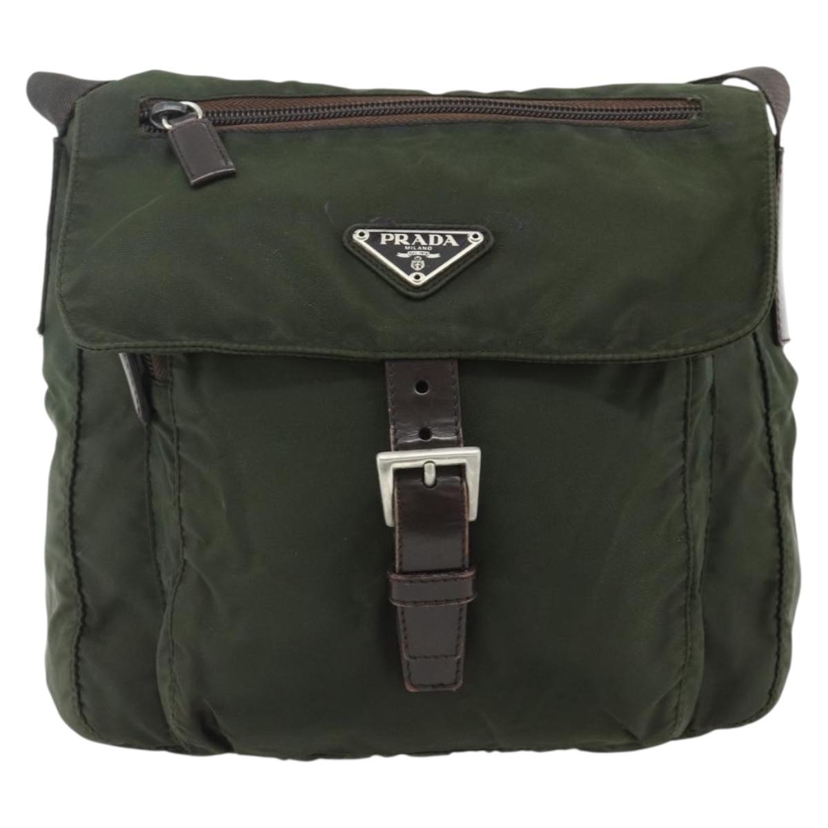 PRADA Shoulder Bag Nylon Khaki Silver