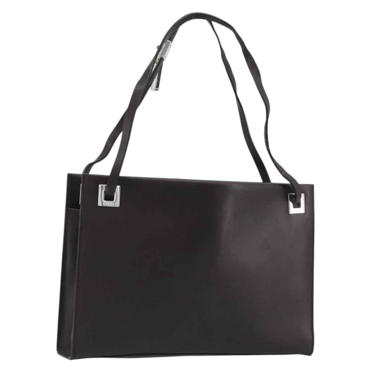GUCCI Shoulder Bag Leather Dark Brown Silver