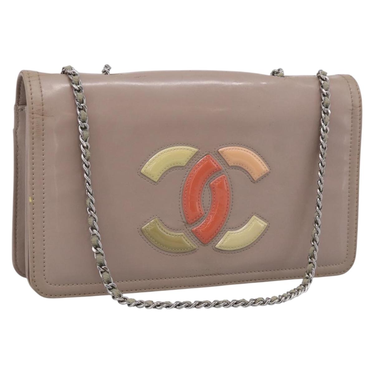 CHANEL Chain Shoulder Bag Patent Beige Silver CC