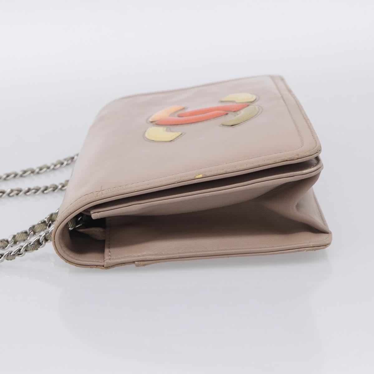 CHANEL Chain Shoulder Bag Patent Beige Silver CC